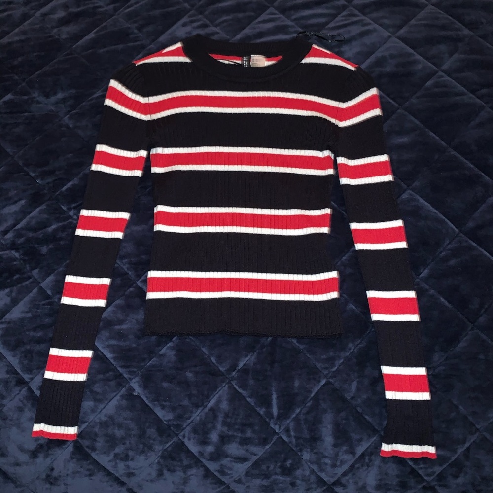 Cropped Ribbed Long Sleeve Striped Sweater